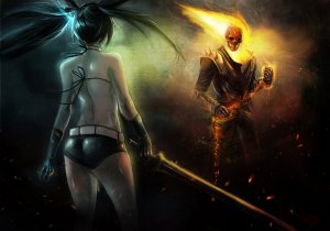 Rating: Safe Score: 0 Tags: black_rock_shooter black_rock_shooter_(character) crossover ghost_rider hi_res User: Vetyt